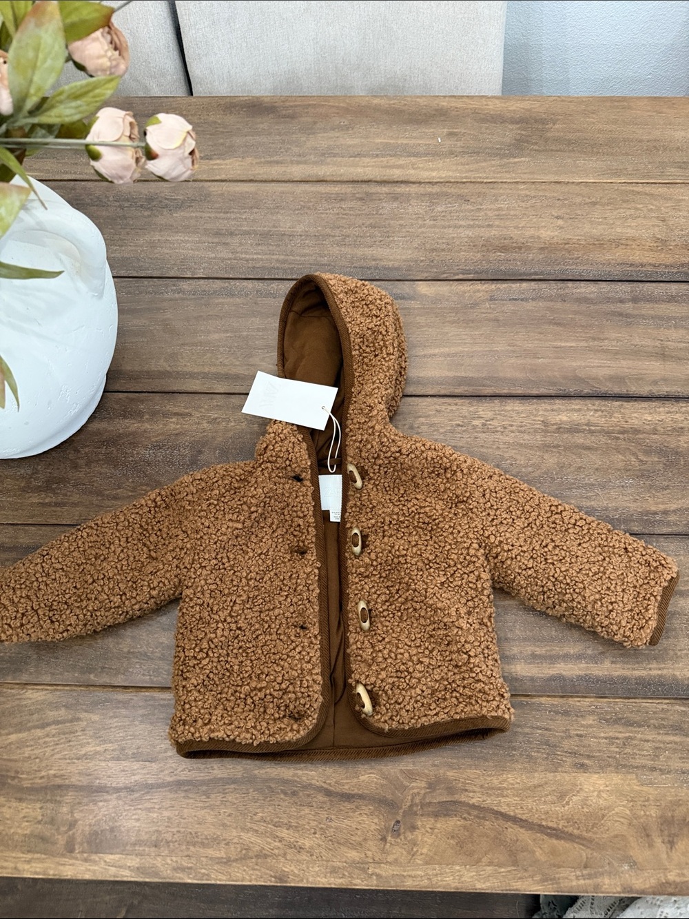 Zara Kids' Teddy Sherpa Hooded Jacket in Brown